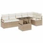 Beiges 7-teiliges vidaXL Garten-Sofa-Set aus Poly Rattan mit Tisch und Auflagen.