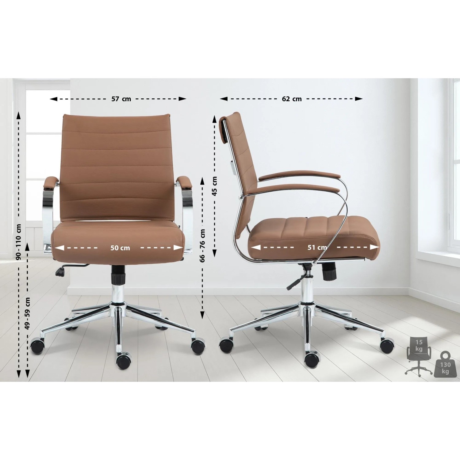 DELUKE Bürostuhl Ergonomisch EVOK Schreibtischstuhl Echtleder Höhenverstellbarer Drehstuhl Computerstuhl 130 Kg Hellbraun_2