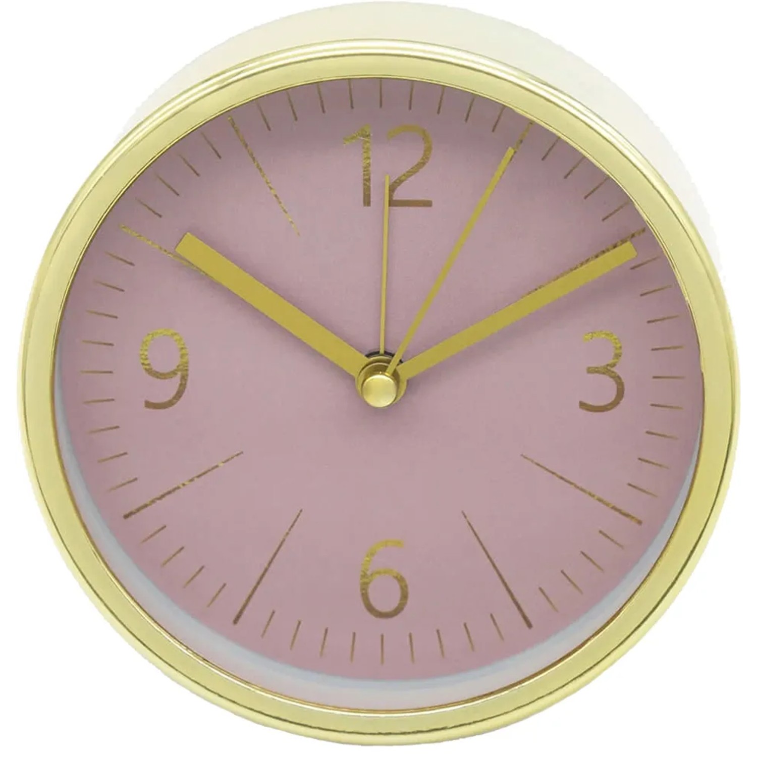 Wall-Art Wecker in Gold-Optik mit rosa Ziffernblatt, Durchmesser 11,2 cm.
