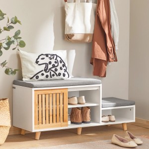 SoBuy Schuhbank FSR125-WN mit Sitzfläche, Schiebetür, aus MDF und Bambus, weiß