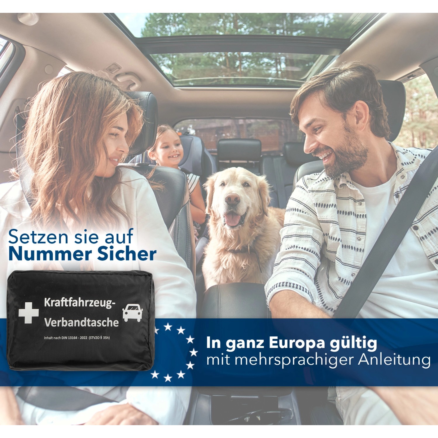 Schwarze KFZ-Verbandtasche DIN 13164-2022 mit Masken für Erste Hilfe im Auto.