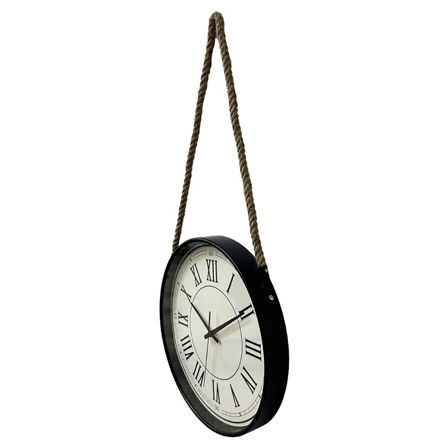 Runde Wall-Art Wanduhr Ø 35cm in Schwarz-Weiß mit römischen Ziffern und Sisalkordel, Industrial-Look.