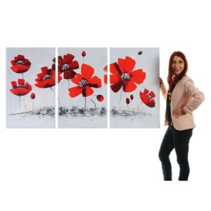 3-teiliges handgemaltes Ölgemälde: abstrakte rote Mohnblumen auf Leinwand. Dekoratives Wandbild Set für Wohnaccessoires.