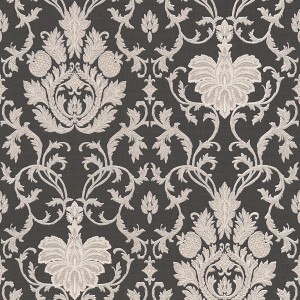 Elegante Barock Tapete in Schwarz-Grau mit silbernen Glitzer Ornamenten für Wohnräume.