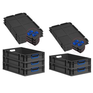 PROREGAL Sparset: 5 Euroboxen Nextgen Color mit Deckel, 23L, schwarz mit blauen Griffen. Stapelbare Transportboxen.