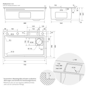 Technische Zeichnung: ML-Design Spülbecken, 75x46 cm, Edelstahl, Anthrazit, Maße und Details.