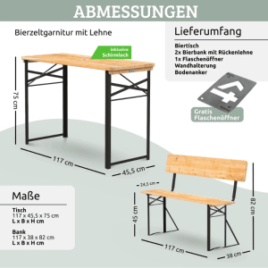 DELUKE Bierzeltgarnitur mit Lehne Klappbar Holz 120cm Klein RINHO 3 Teilig 2x Bierbank 1x Biertisch Festzeltgarnitur Biertisch Sitzgarnitur