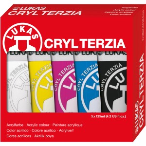 Lukas Cryl Terzia Acrylfarben-Set mit 5 Tuben in Primärfarben im Karton-Etui.