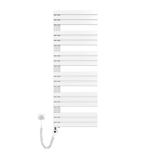 Weißer, elektrischer Emke Badheizkörper 60x159cm mit Thermostat und Timer.