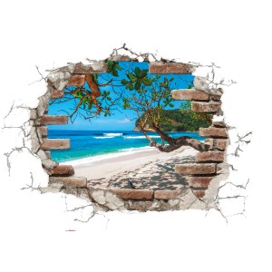 Komar Deko-Sticker Break Out: Wandtattoo mit Strandmotiv, durchbrochene Backsteinmauer.