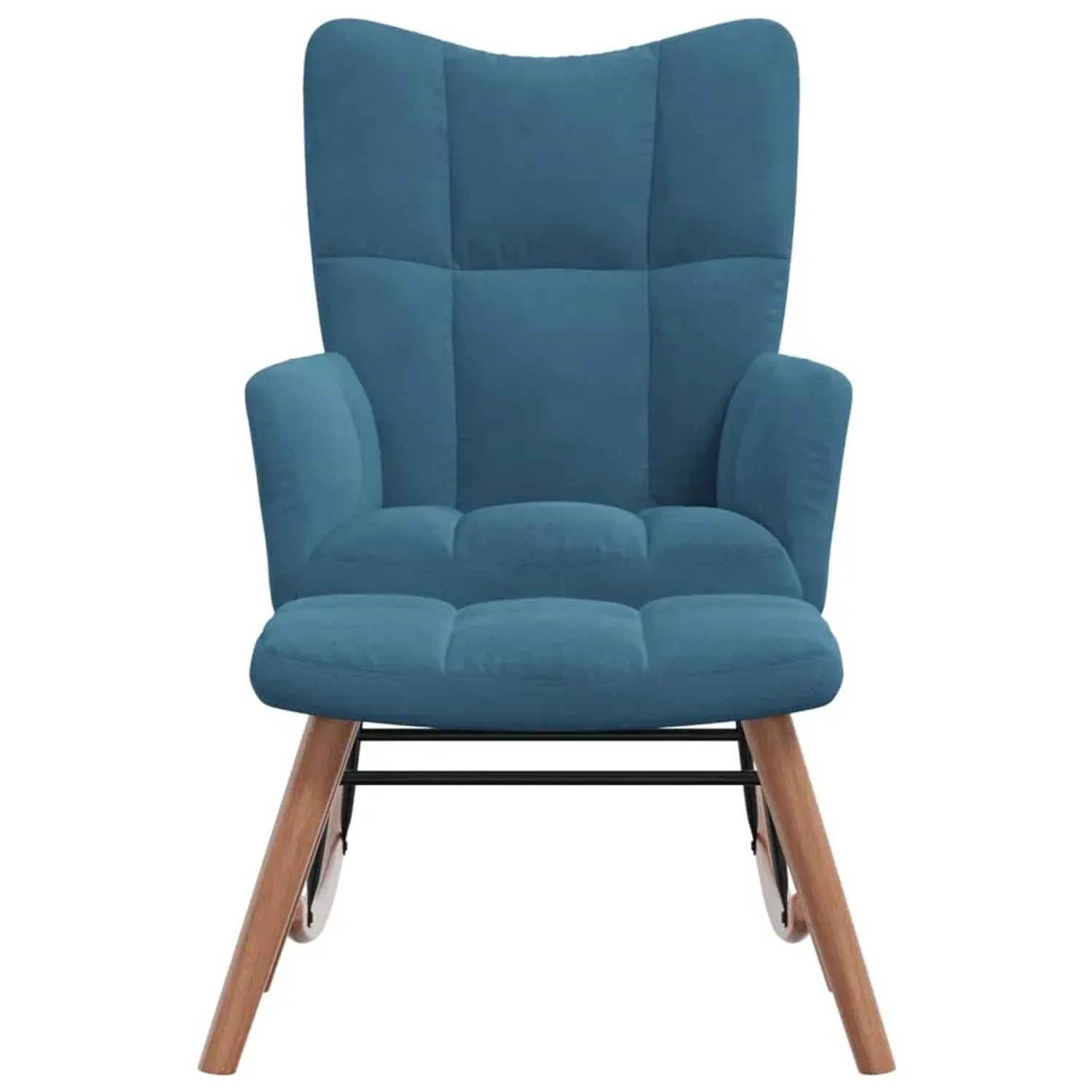 Blauer Samt Schaukelstuhl mit Hocker, gesteppt, Holzgestell. Gemütlicher Relaxsessel für Wohnzimmer.