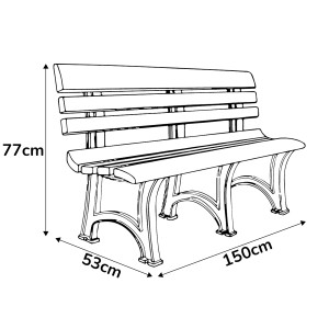 Skizze einer 3-Sitzer Gartenbank BICA Olimpia in Taupe mit Maßangaben.