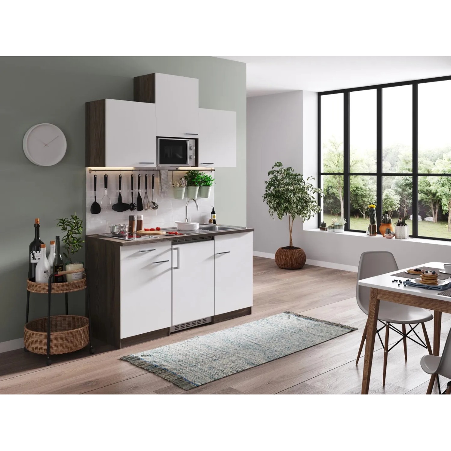 Respekta Küchenzeile KB150EYWMIC, 150 cm, Weiß/Eiche York Nachbildung mit E-Geräten.