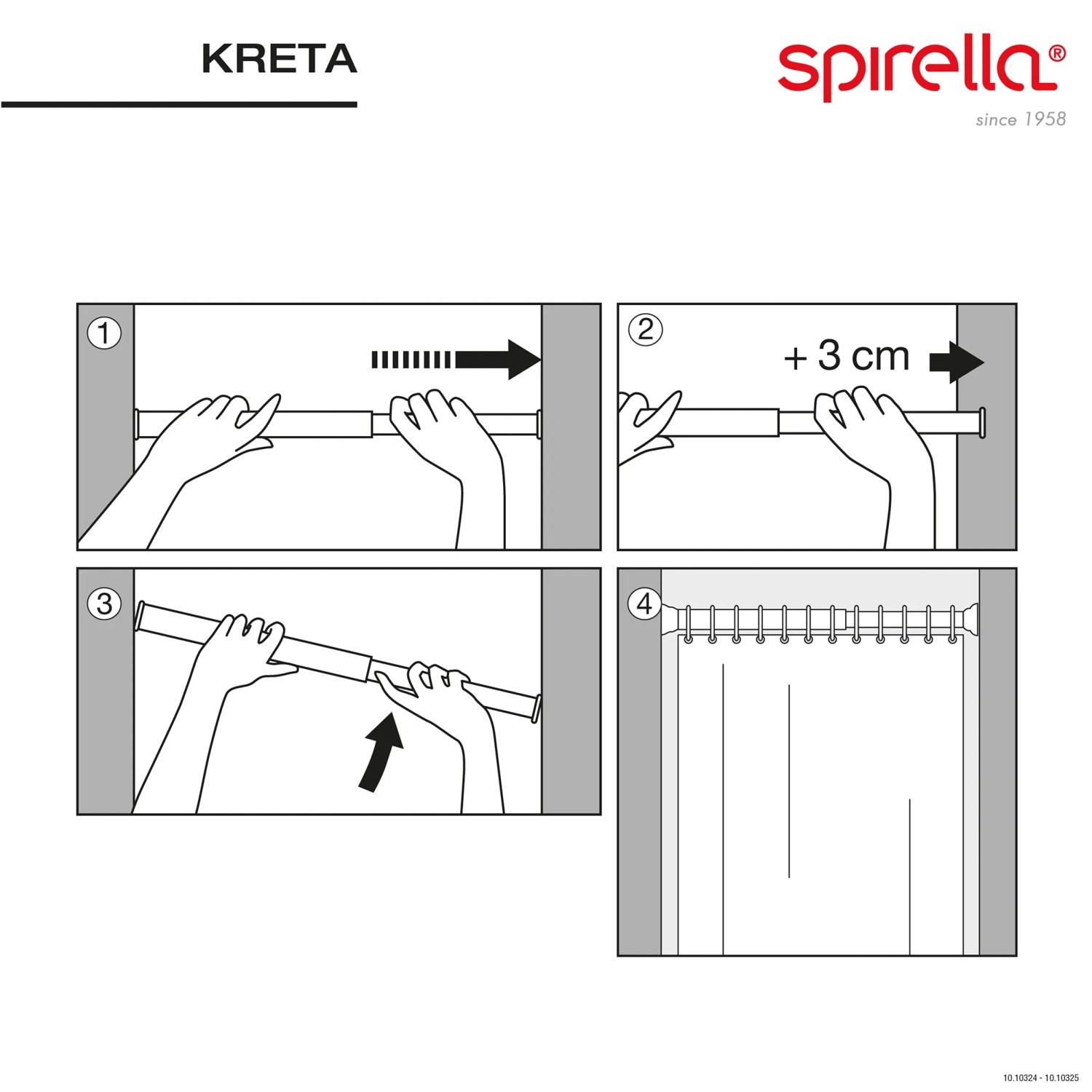 Montageanleitung für Spirella Duschstange Kreta, verstellbar von 75-125 cm, weiße Aluminium Duschstange.