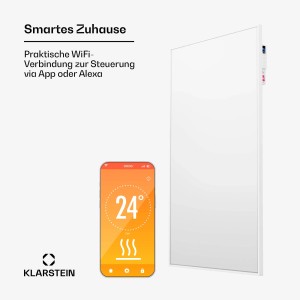 Weiße Klarstein Infrarotheizung mit App-Steuerung auf Smartphone. Smartes Heizgerät für Wandmontage.