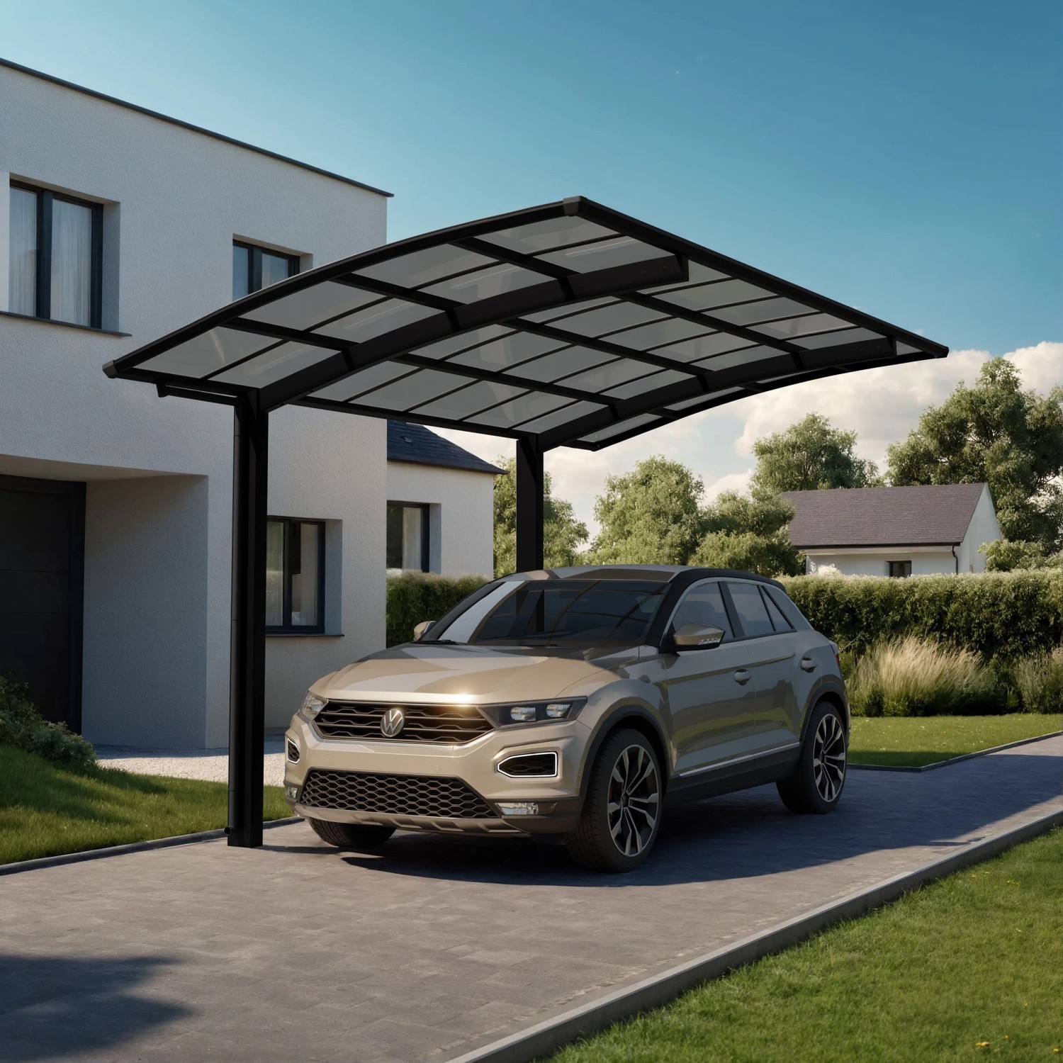 Schwarzer Ximax Alu Einzelcarport Portoforte Typ 80 mit Auto. Sonderanfertigung Carport mit Carbonat-Dachplatten.