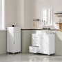 Weißer EUGAD Waschbeckenunterschrank mit 3 Schubladen und Tür, eine Schublade offen, in modernem Badezimmer. Viel Stauraum.