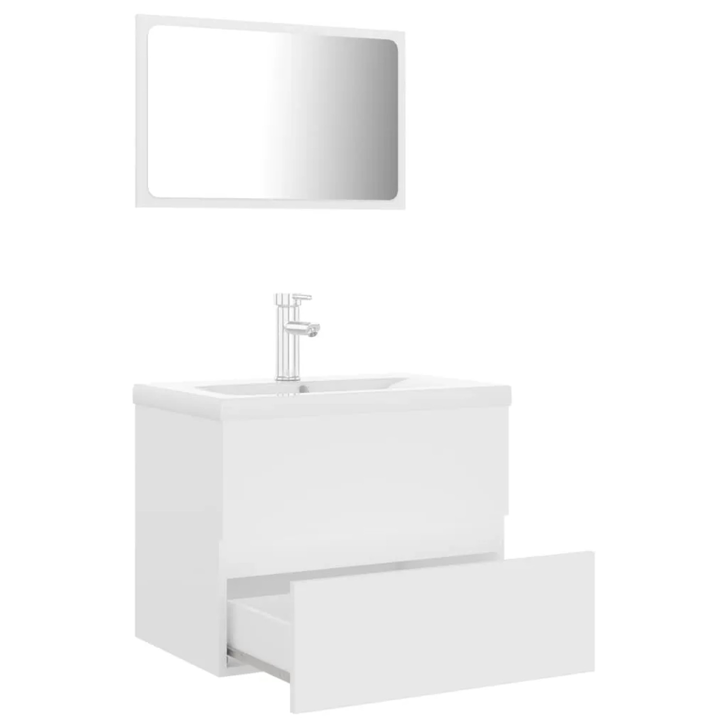 Weißes vidaXL Badmöbel-Set mit Waschbeckenunterschrank, Becken, Armatur und Spiegel.