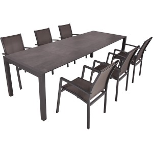7-teiliges Gartenmöbel-Set Sophia von Garden Pleasure in Anthrazit mit Ausziehtisch und Stapelstühlen.