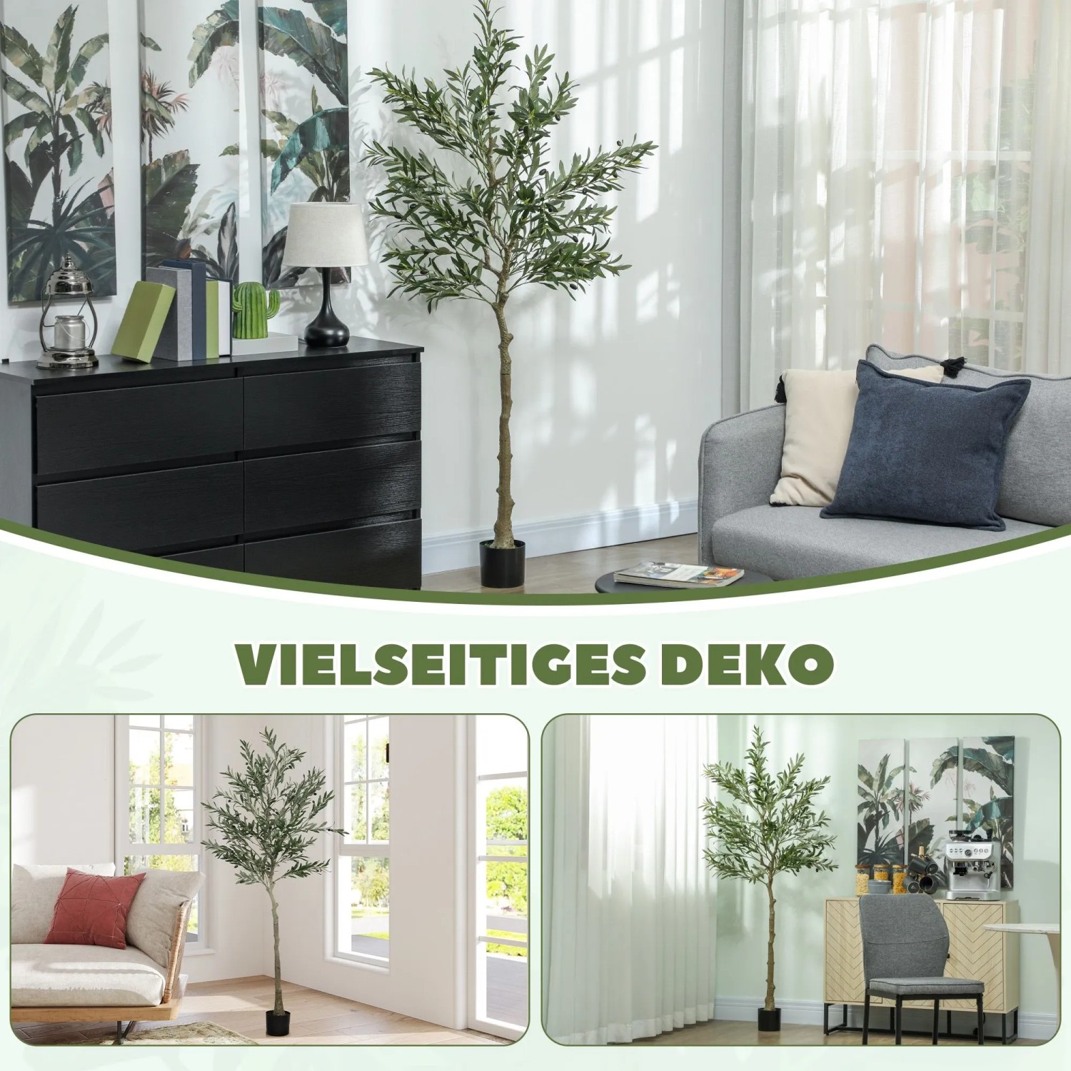 Großer HOMCOM künstlicher Olivenbaum (180 cm) mit grünen Blättern im schwarzen Topf, vielseitige Hausbaum-Dekoration.