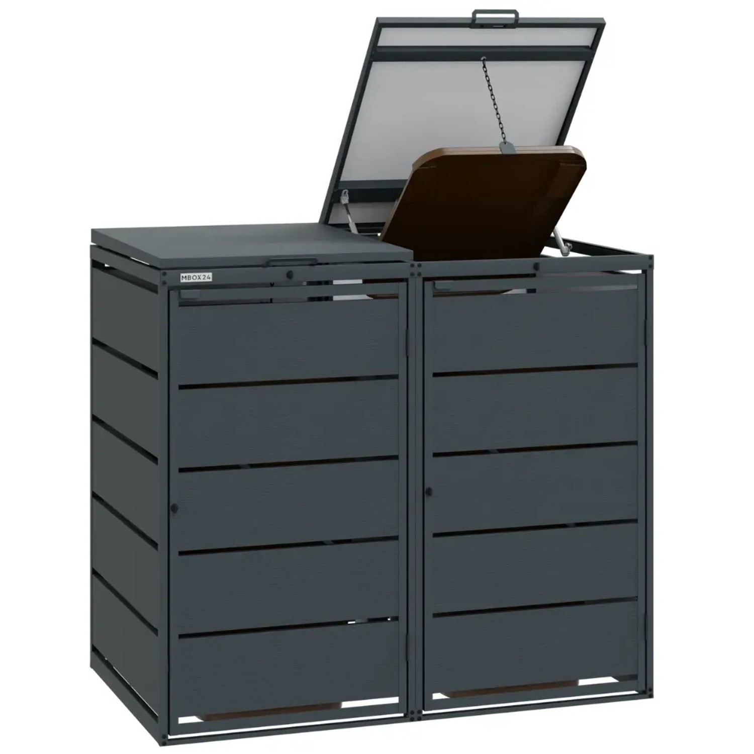 MBOX24 Classic Mülltonnenbox anthrazit aus verzinktem Stahl für 2 Tonnen, eine Klappe geöffnet. Robust & wetterfest.