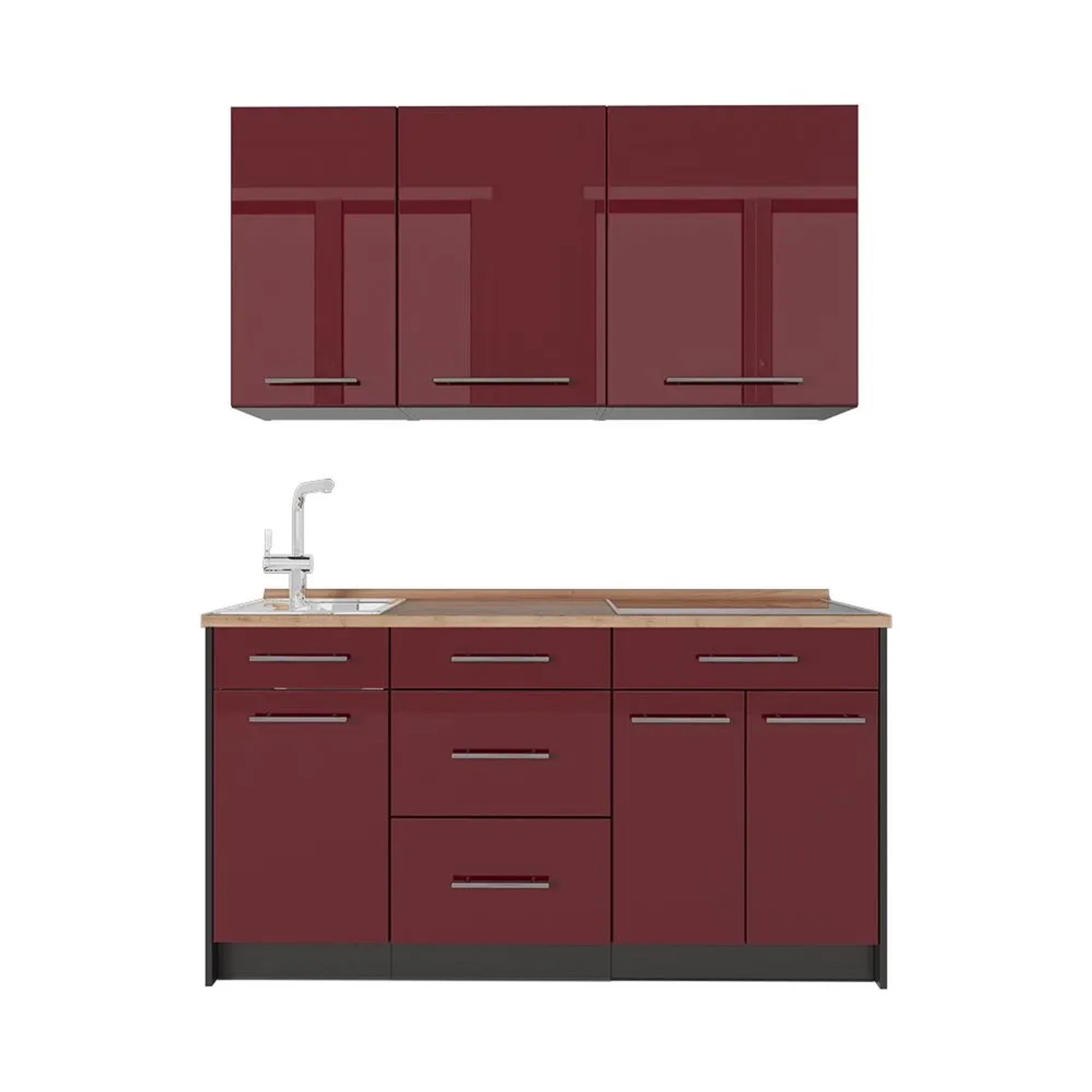 Vicco Singleküche Fame-Line Bordeaux Hochglanz/Anthrazit 150 x 82 AP Eiche Art Nr 64764