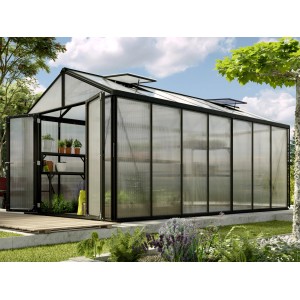 Vitavia Gewächshaus Zeus Comfort 13800, schwarzer Rahmen, 13,8 m², mit geöffneter Tür und Pflanzenregal.
