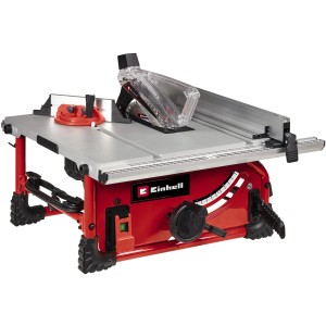Einhell TE-TS 254 T Tischkreissäge mit Aluminiumtisch und rotem Gestell.