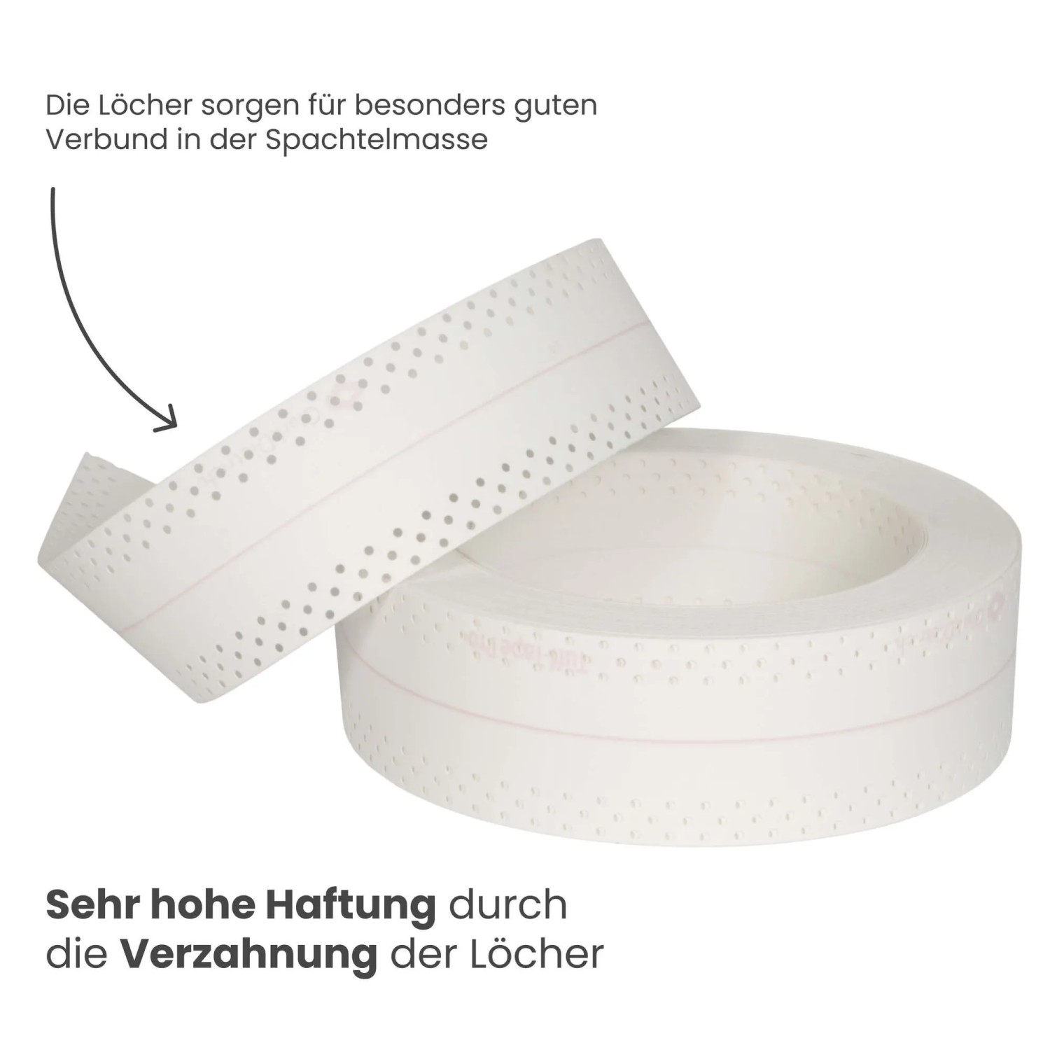 Weiße Rolle Strait-Flex Tuff Tape Pro Fugenband für Trockenbau, perforiert für hohe Haftung und Eckschutz.