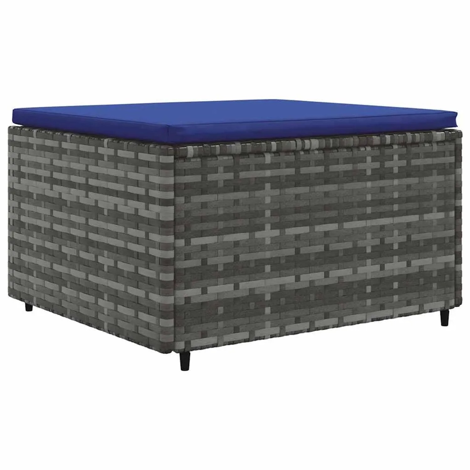 Grauer vidaXL Gartenhocker aus Polyrattan mit blauem Kissen als Teil eines Lounge-Sets.