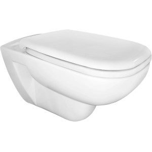 Weißes Duravit D-code Wand-WC Set mit spülrandlosem Design und WC-Sitz mit Absenkautomatik.