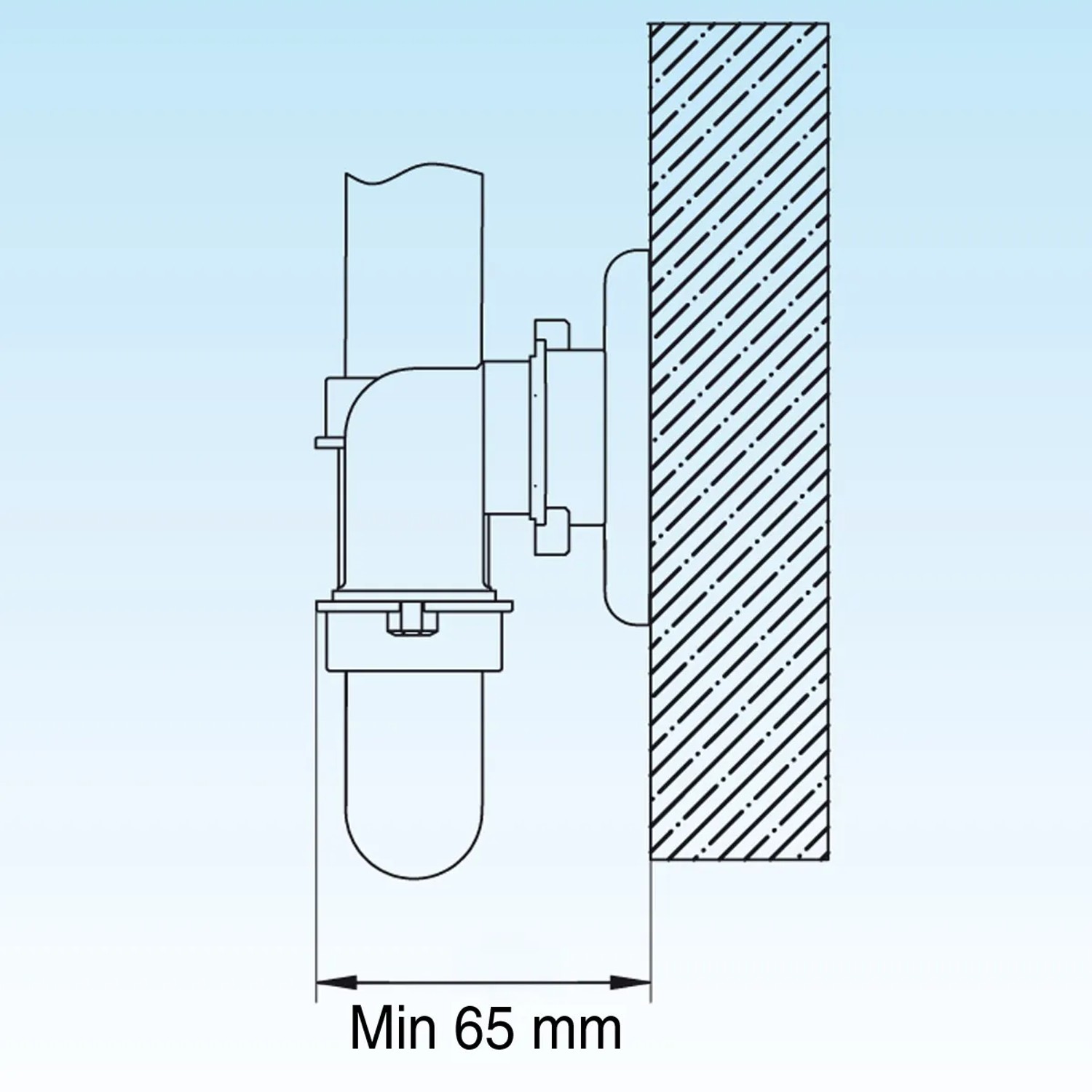 Technische Zeichnung: Weißer Lira Raumspar-Siphon für Waschbecken, Wandabstand min. 65 mm. Kompakte Installation.