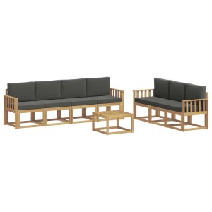 vidaXL 7-tlg. modulare Outdoor-Sofagarnitur aus Akazienholz mit dunklen Kissen und Couchtisch.