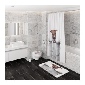 Badezimmer mit Duschvorhang, Badematte und WC-Sitz mit Hunde-Zeitungsmotiv.
