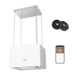 CIARRA Insel-Dunstabzugshaube mit App-Steuerung, Kohlefilter und Smartphone-Ansicht.