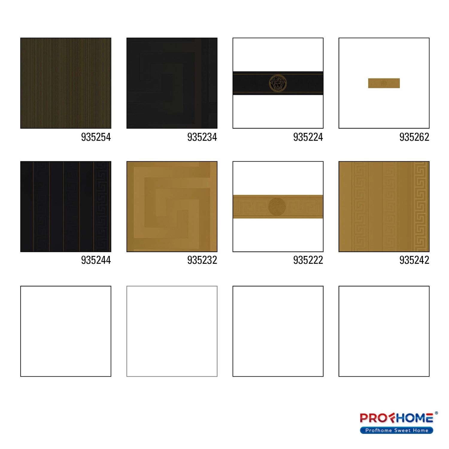 Muster verschiedener PROFHOME Grafik Tapeten, u.a. Streifen in Schwarz und Gold.