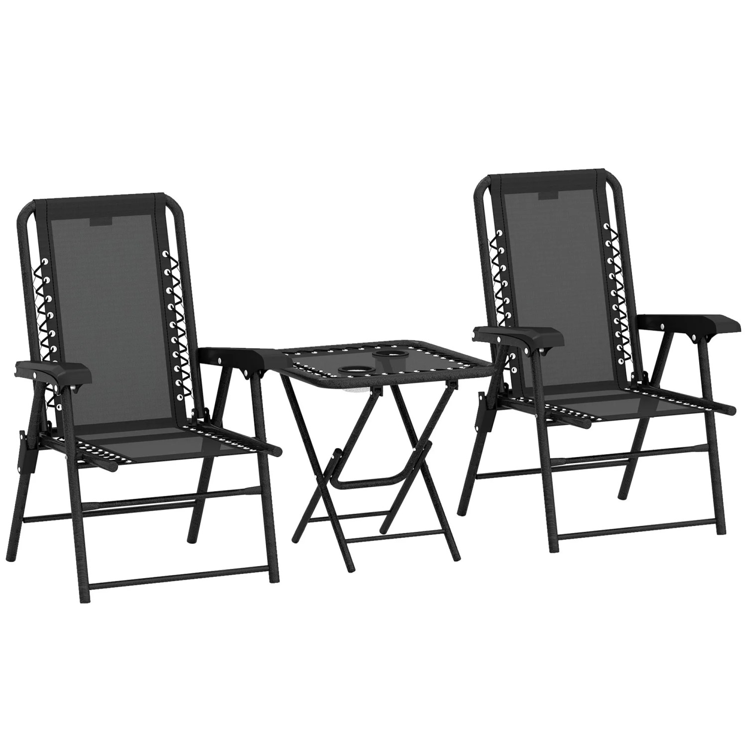 Furnicato Bistro Set 3-teilig Aus Stahl Wetterfest Gartenmöbel Set Mit Klappbar Bistrotisch Becherhalter Gartenstühlen Schwarz