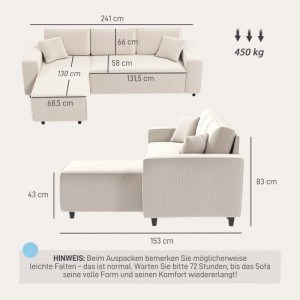 HOMCOM Ecksofa cremeweiß, L-Form, mit Chaiselongue und Maßen 241x153x83 cm. Belastbar bis 450 kg.