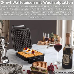 Steinborg SB-2041 2-in-1 Waffeleisen & Sandwichmaker Touch Panel mit LED Display 1500 W