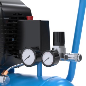 Detailaufnahme: Güde Kompressor 231/10/24, blauer Kessel, Manometer und Druckregler.