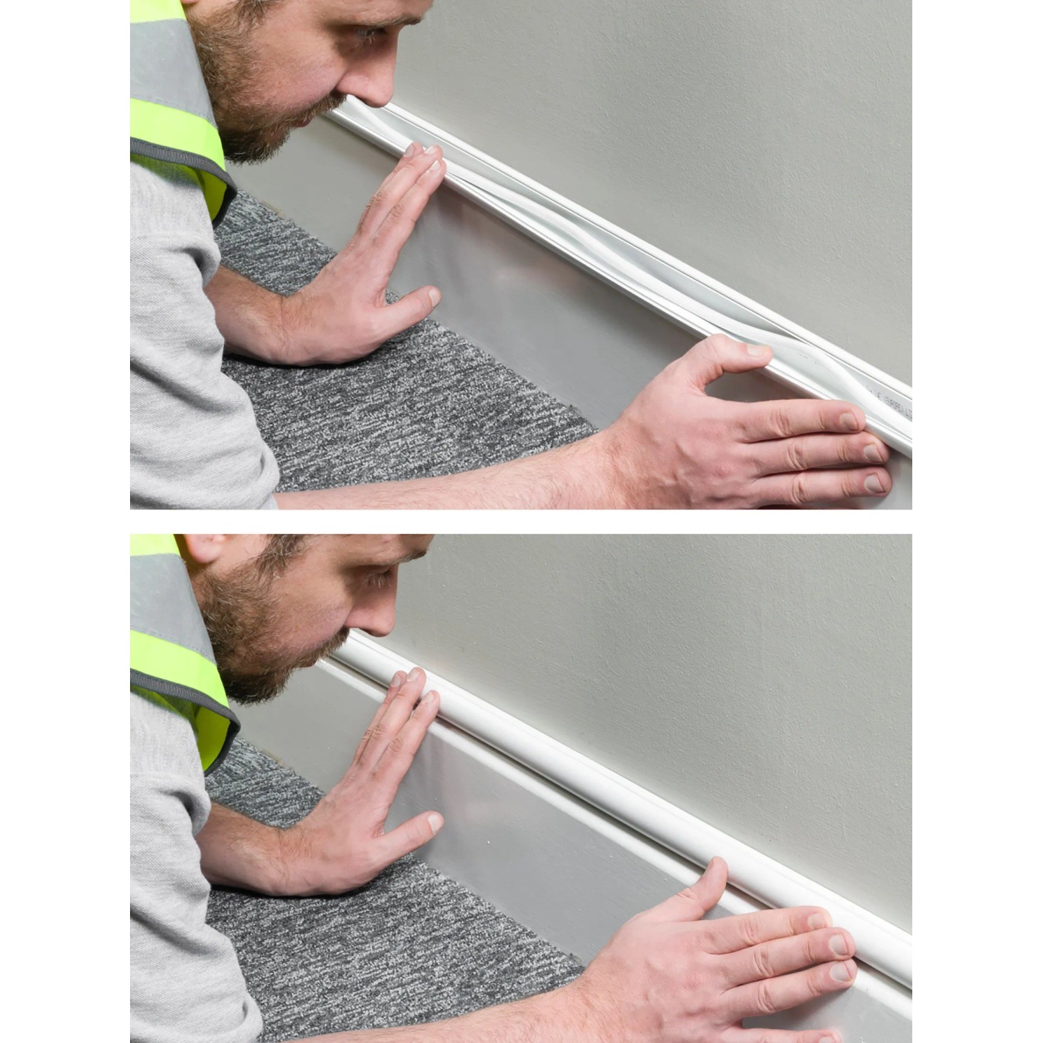 Montage eines weißen D-Line Kabelkanal-Sets (10-teilig) an einer Wand zur Kabelverdeckung.