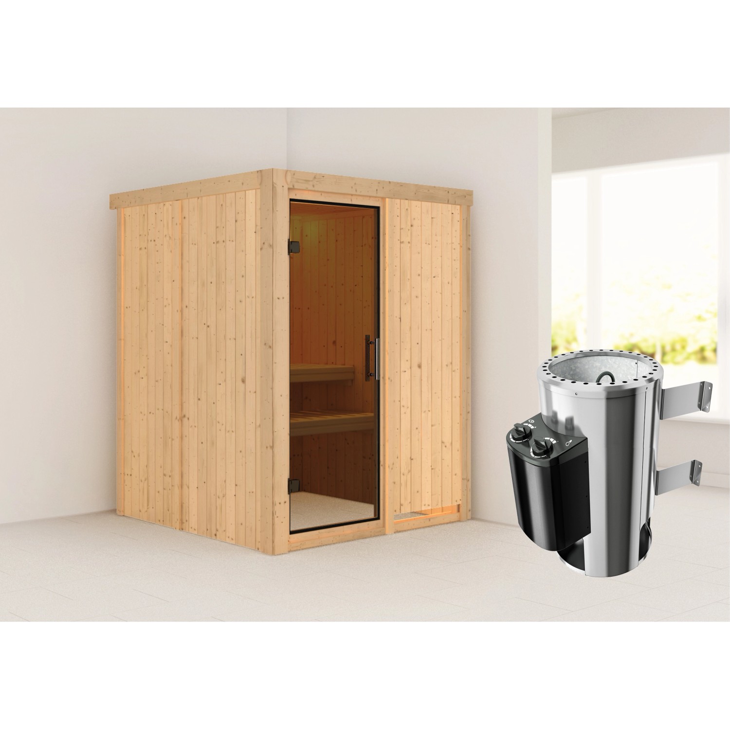 Karibu Sauna mit Ofen integrierte Stg.Natur günstig online kaufen