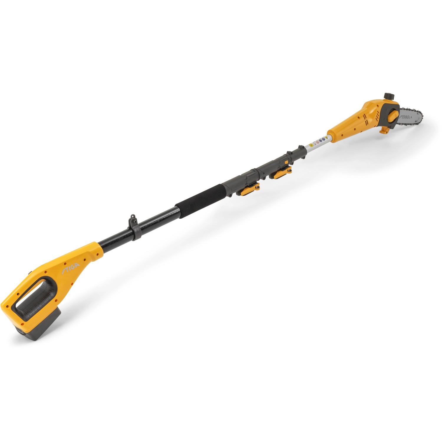 Stiga Akku-Multitool MT 100e mit Hochentaster-Aufsatz, Akku und Ladegerät.