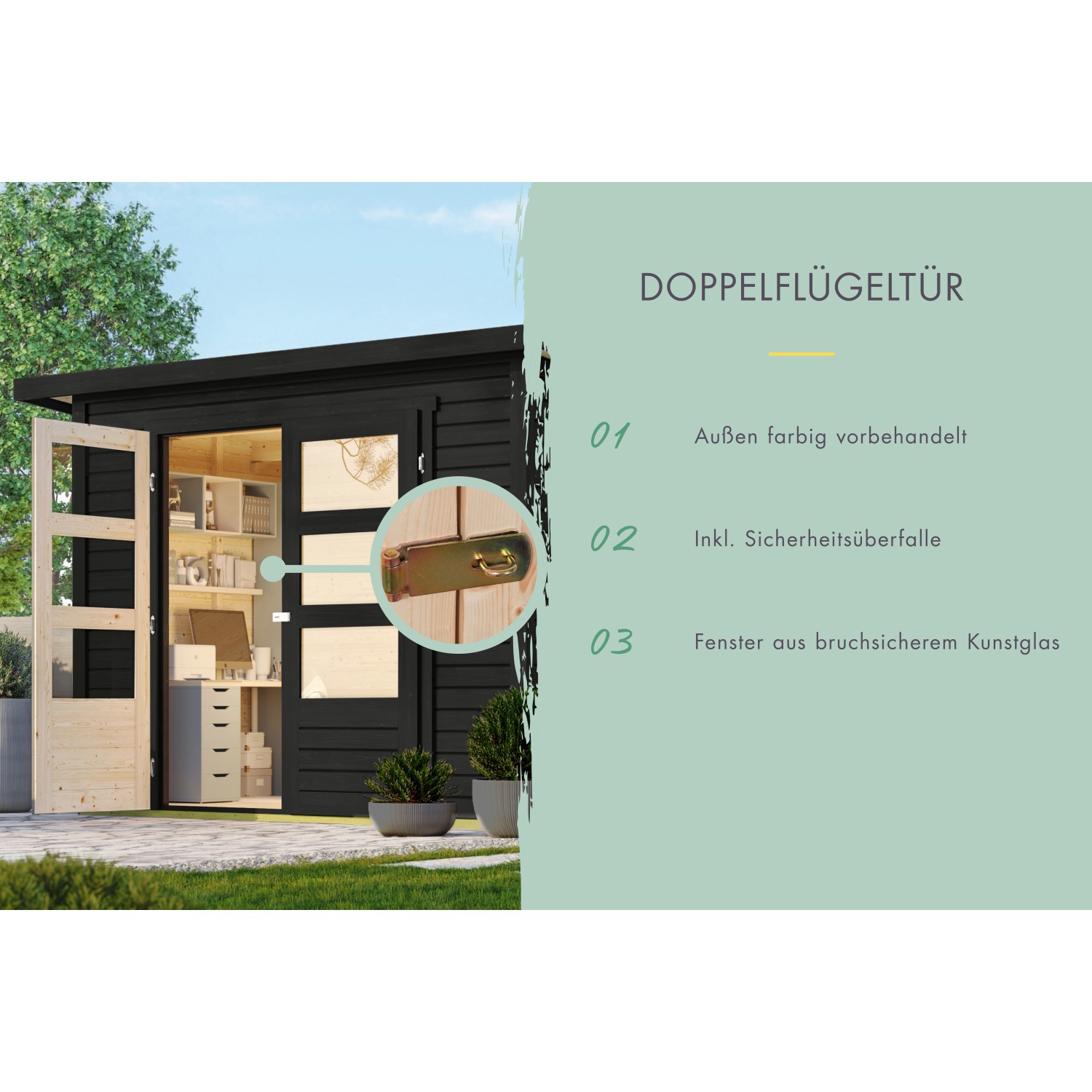 Karibu Gartenhaus Stockach 2 in Schwarz mit geöffneter Doppelflügeltür und Sicherheitsüberfalle.