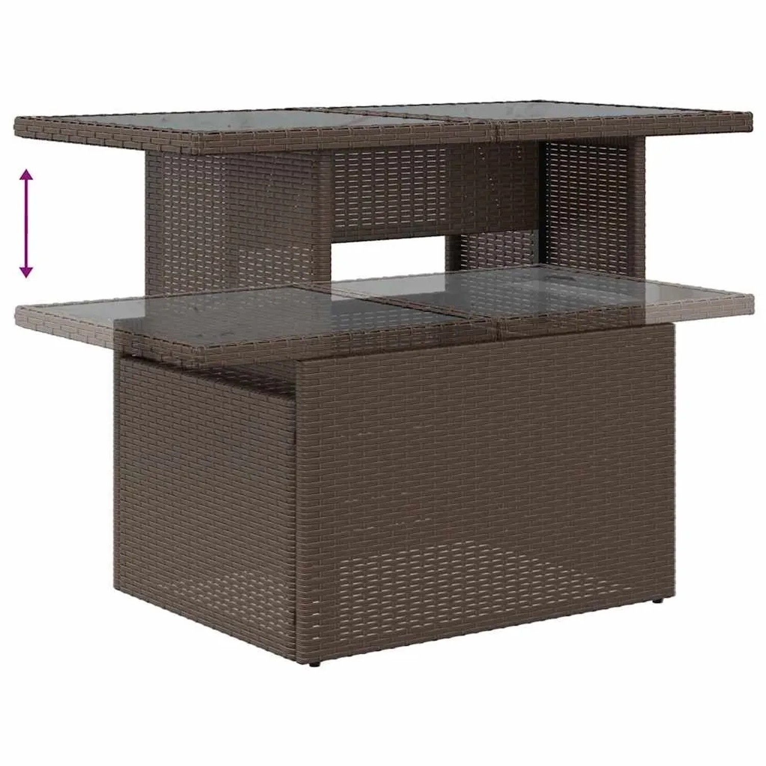 Verstellbarer, brauner vidaXL Gartentisch aus Rattan mit Glasplatte, Teil der 7-tlg. Garten-Sofagarnitur.