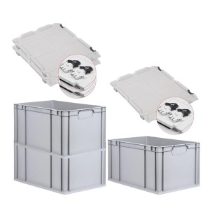 PROREGAL Spar Set: 3 graue Euroboxen mit Scharnierdeckel und schwarzen Schiebeverschlüssen, gestapelt.