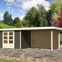 Karibu Holz-Gartenhaus Boras, terragrau, mit Flachdach und Anbau. Gartenhaus aus lackiertem Holz.