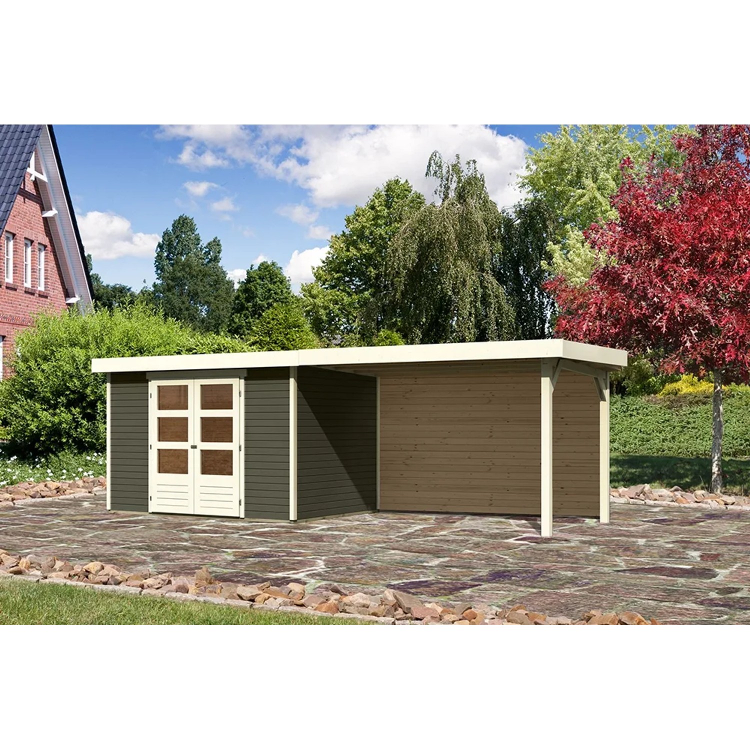Karibu Holz-Gartenhaus Boras, terragrau, mit Flachdach und Anbau. Gartenhaus aus lackiertem Holz.
