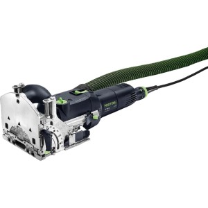 Festool Domino-Dübelfräse DF 500 Rq-Set, schwarz-grün, mit Metallplatte und Absaugschlauch für präzise Holzverbindungen.