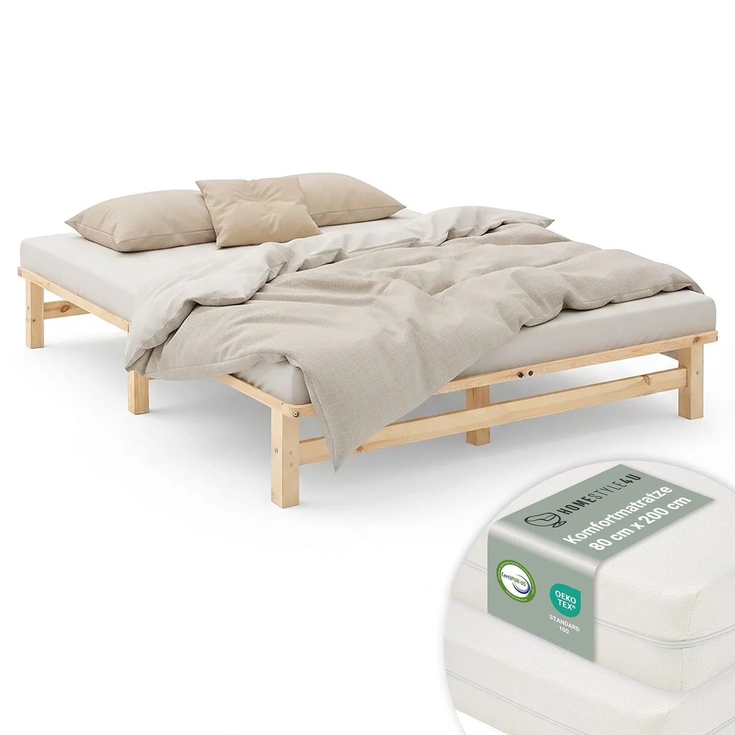 Homestyle4u Holzbett Jugendbett Palettenbett 160x200 mit Matratze Natur Futonbett 3237